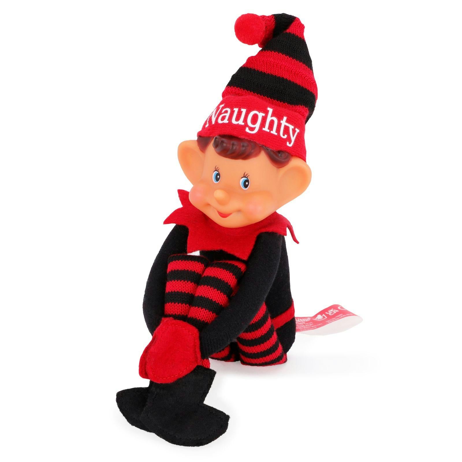Toyland®️ Elves With Attitude 35cm (14") Red & Black 'Naughty' Elf Soft Toy - Knitted Hat & Legs - Vinyl Cheeky Face & Stick Together Hands - Festive Fun For All!