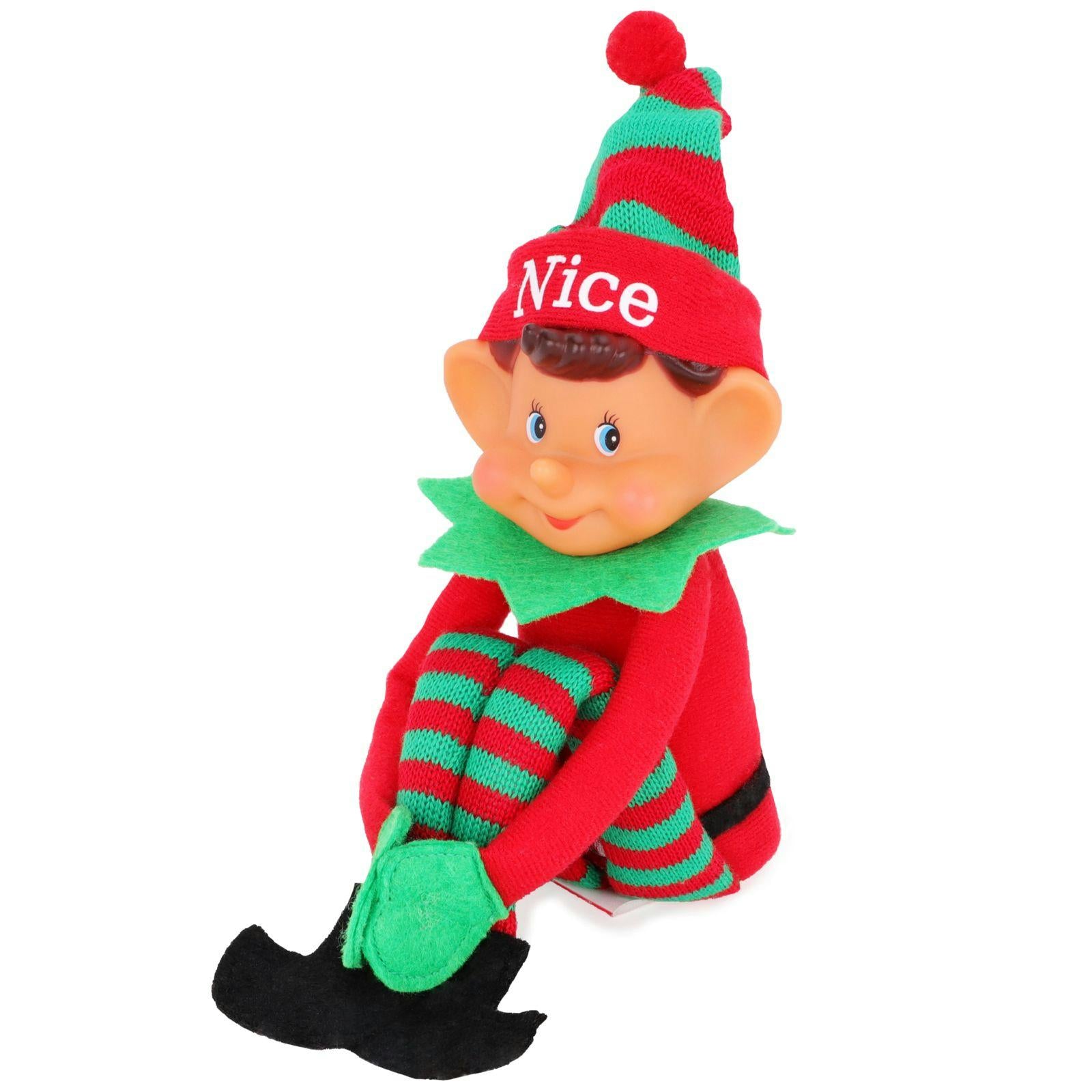 Toyland®️ Elves With Attitude 35cm (14") Red & Green 'Nice' Elf Soft Toy - Knitted Hat & Legs - Vinyl Cheeky Face & Stick Together Hands - Festive Fun For All!