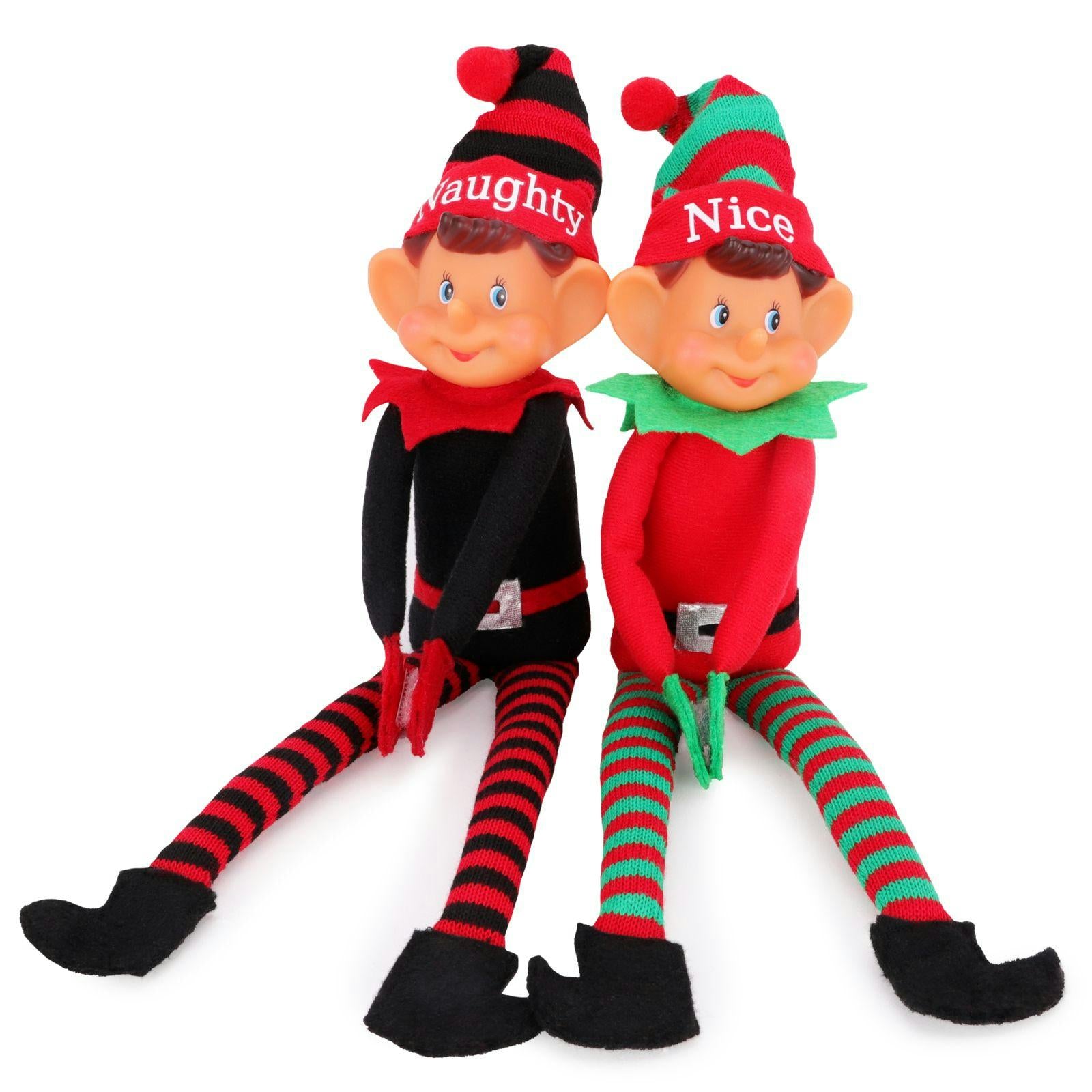 Toyland® Elves With Attitude Twin Pack Elf Soft Toys - 35cm (14") - Naughty & Nice Elves - The Ultimate Festve Duo - Knitted Hat & Legs - Vinyl Cheeky Face & Stick Together Hands - Festive Fun For All